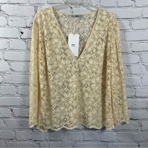 Zara Women’s Lace V-Neck Sheer Top Floral Pullover Long Sleeves Cream L NWT